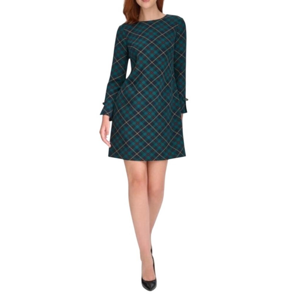 Tommy Hilfiger Women's 3/4-Sleeve Shift Dress in Forest Green Plaid